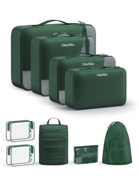 9 Piece Packing Cubes Set Travel Organizer Suitcase Dark Green Luggage Bags